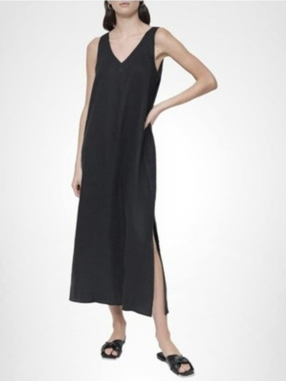 NWOT DKNY LINEN MAXI DRESS BLACK SIDE SLIT BREATHABLE SLEEVELESS V-Neck Sz XXL